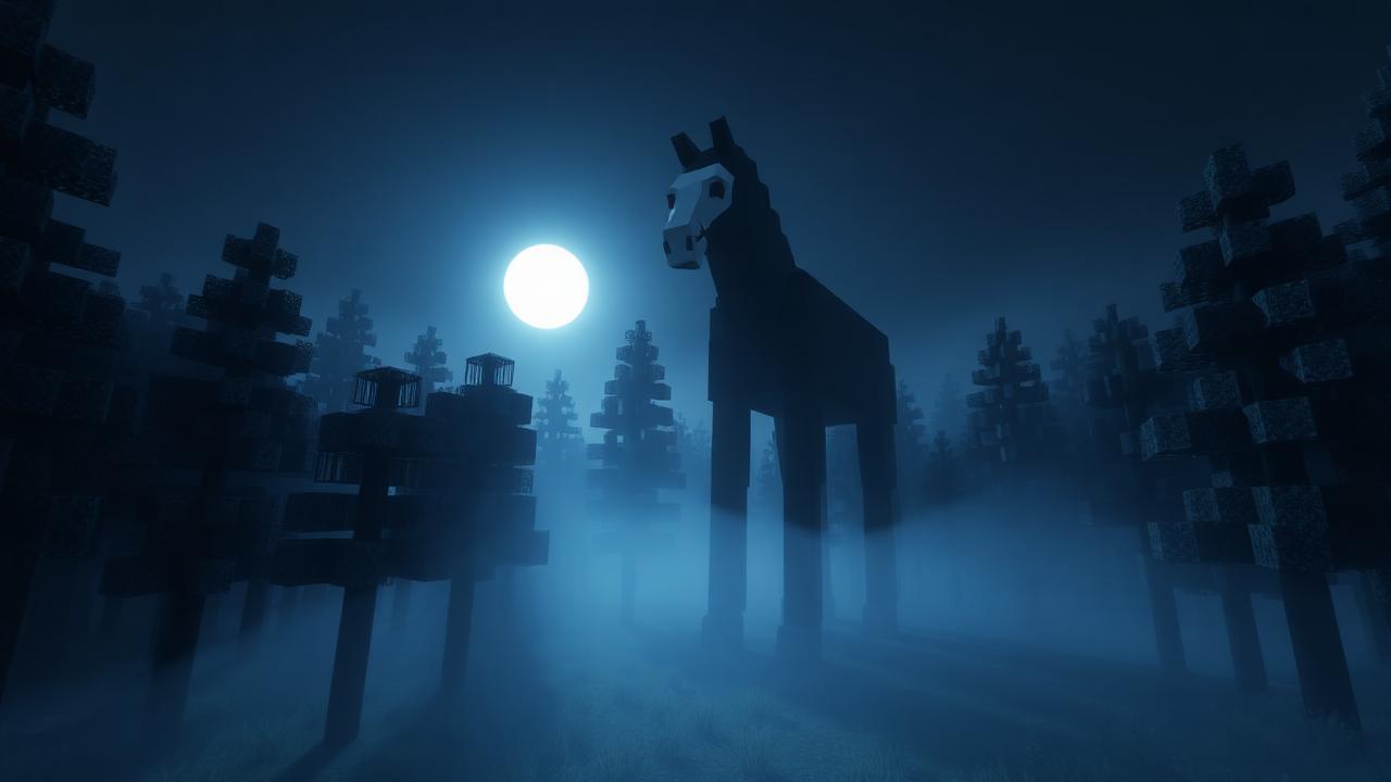 Long Horse in a foggy spruce forest
