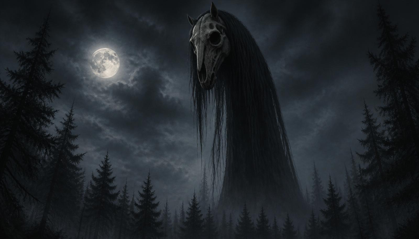 Long Horse towering above a foggy night forest